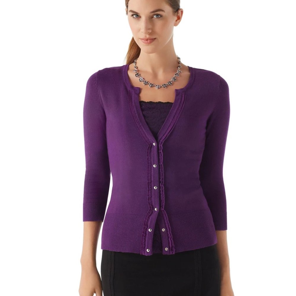 ❄️ WHBM Imperial Purple VNeck Ruffle Cardigan